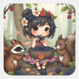 Chibi Fee Eet Zwartbes Met Bosvriend Vierkante Sticker