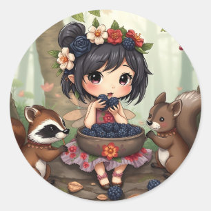 Chibi Fee Eet Zwarte Bramen met Bosvrienden Ronde Sticker