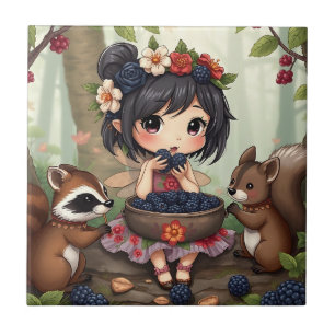 Chibi Fee Eet Zwartenbessen met Bosvrienden Tegeltje