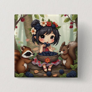 Chibi Fee Eetend Zwarte Bramen met Bosvrienden Vierkante Button 5,1 Cm