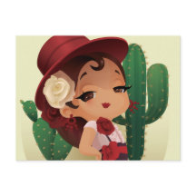 Chibi flamenco in het spaans pet en cactuses