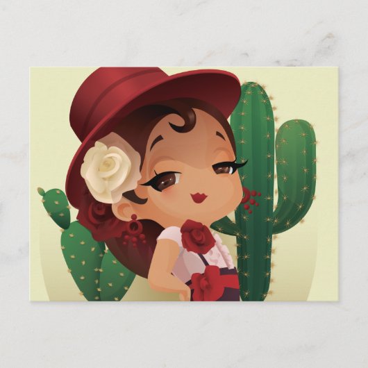 Chibi flamenco in het spaans pet en cactuses briefkaart (Voorkant)