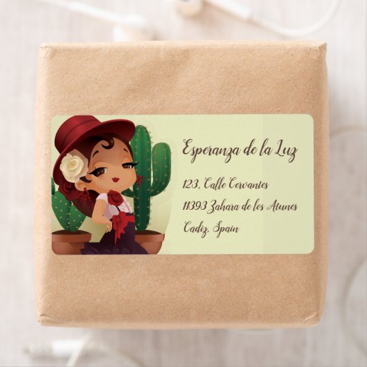 Chibi flamenco in het spaans pet en cactuses etiket (Insitu)