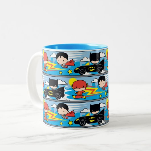 Chibi Flash, Superman en Batman Racing Pattern Tweekleurige Koffiemok (Voorkant links)