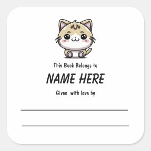 Chibi Ginger Cat Children's Bookplate met bericht Vierkante Sticker