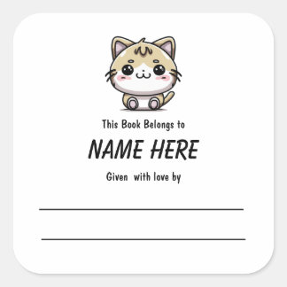 Chibi Ginger Cat Children's Bookplate met bericht Vierkante Sticker