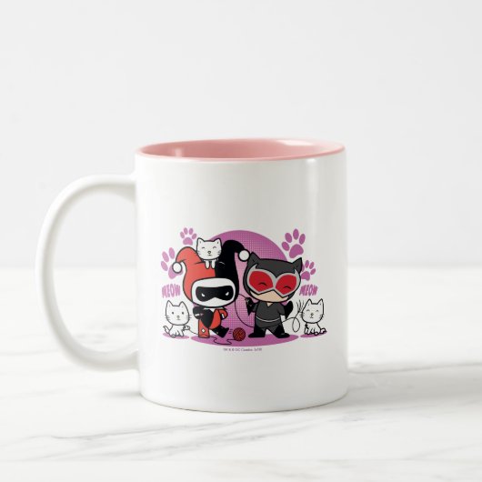 Chibi Harley Quinn en Chibi Catoman met katten Tweekleurige Koffiemok (Links)