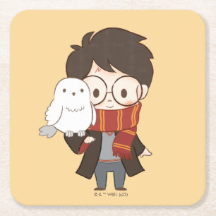 Chibi HARRY POTTER™ & Hedwig Vierkante Kartonnen Onderzetter