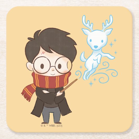 Chibi HARRY POTTER™ Patronus Vierkante Kartonnen Onderzetter (Voorkant)
