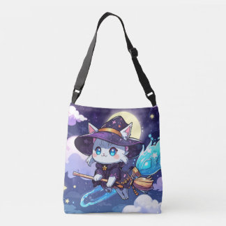 Chibi Heksenkat Vliegend in Sterrenhemel – Kawaii Crossbody Tas