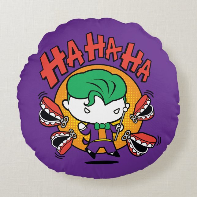 Chibi Joker met Speelgoed Teeth Rond Kussen (Voorkant)