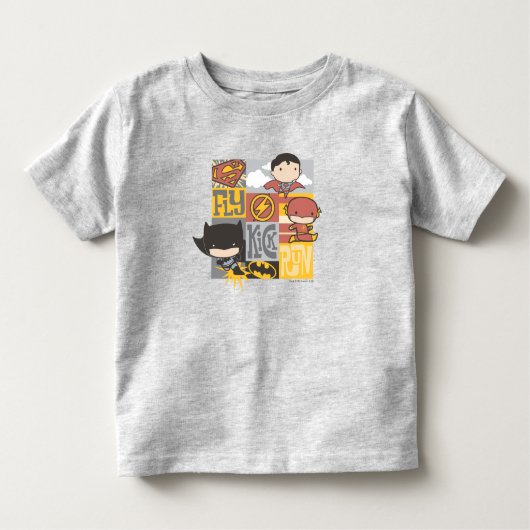 Chibi Justice League | Fly, Kick, Run Kinder Shirts (Voorkant)