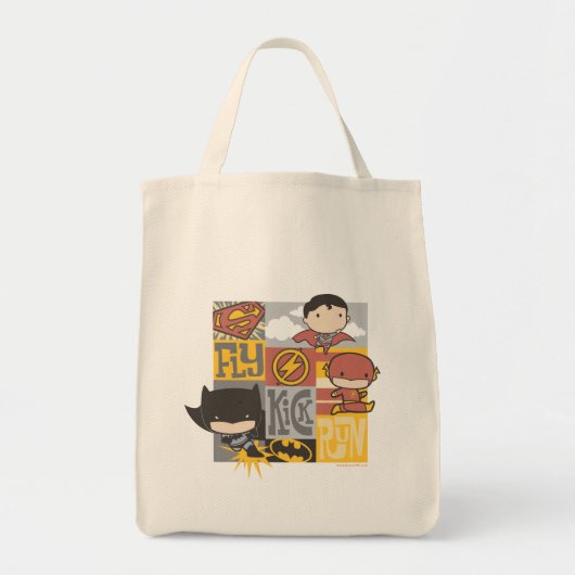 Chibi Justice League | Fly, Kick, Run Tote Bag (Voorkant)