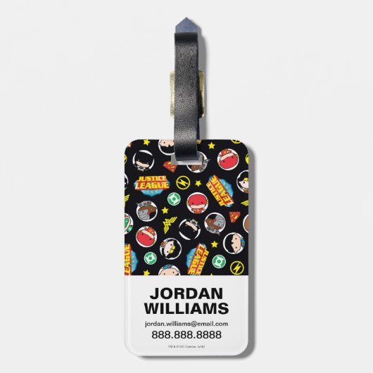 Chibi Justice League Heroes en Logos Pattern Bagagelabel (Achterkant verticaal)