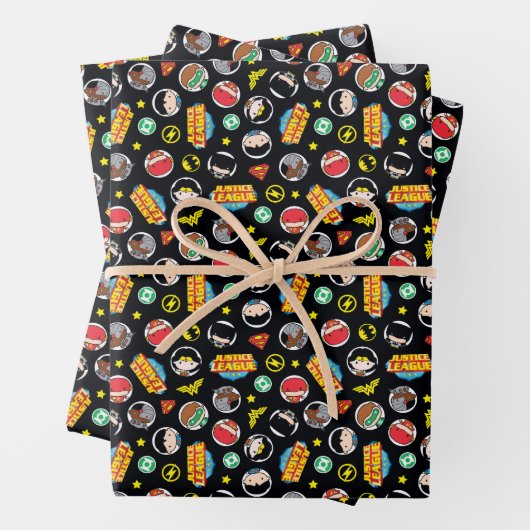 Chibi Justice League Heroes en Logos Pattern Inpakpapier Vel (In situ)