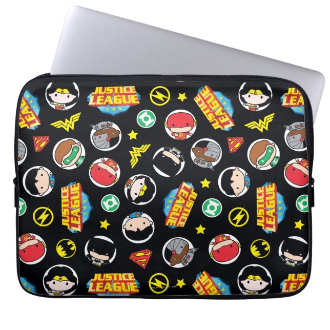 Chibi Justice League Heroes en Logos Pattern Laptop Sleeve (Voorkant)