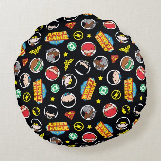 Chibi Justice League Heroes en Logos Pattern Rond Kussen (Achterkant)