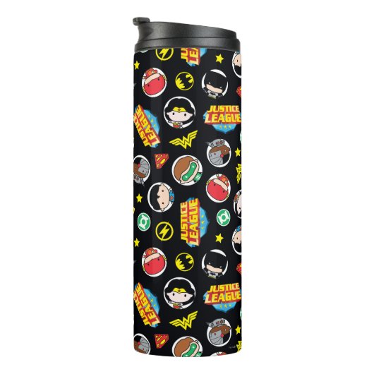 Chibi Justice League Heroes en Logos Pattern Thermosbeker (Geroteerd rechts)
