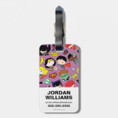 Chibi Justice League Pattern over Paars Bagagelabel (Achterkant verticaal)