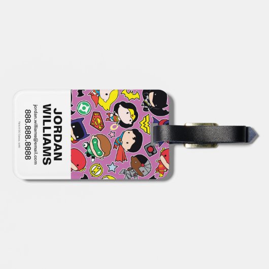 Chibi Justice League Pattern over Paars Bagagelabel (Achterkant horizontaal)