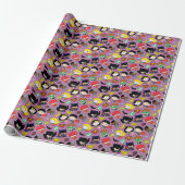 Chibi Justice League Pattern over Paars Cadeaupapier (Uitgerold)