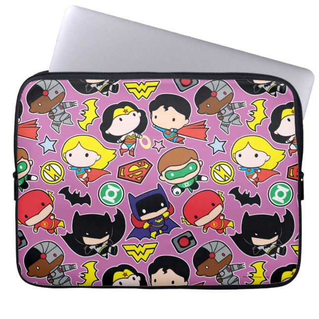 Chibi Justice League Pattern over Paars Laptop Sleeve (Voorkant)