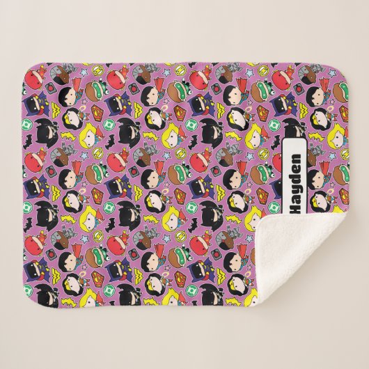 Chibi Justice League Pattern over Paars Sherpa Deken (Voorkant (horizontaal))