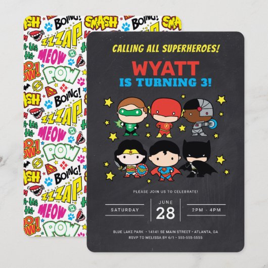 Chibi Justice League Schoolbord Verjaardagsuitnodi Kaart (Voorkant / Achterkant)