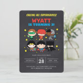 Chibi Justice League Schoolbord Verjaardagsuitnodi Kaart (Staand voorkant)