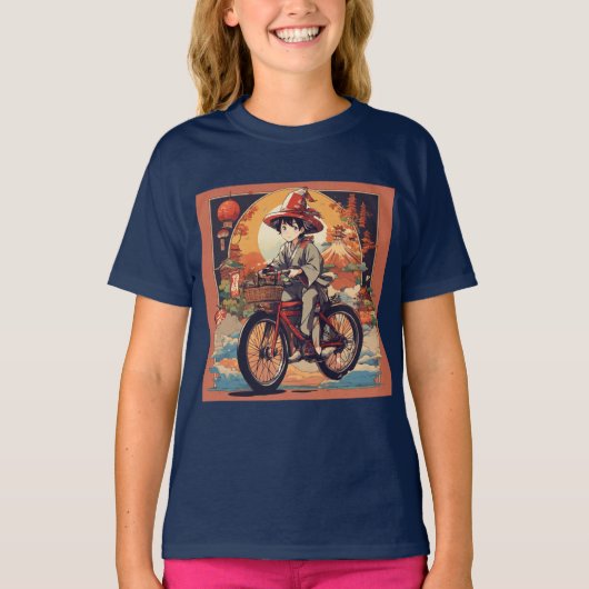 Chibi Karakter Mannen Rijfiets Gedrukt Kinder T-shirt (Voorkant)