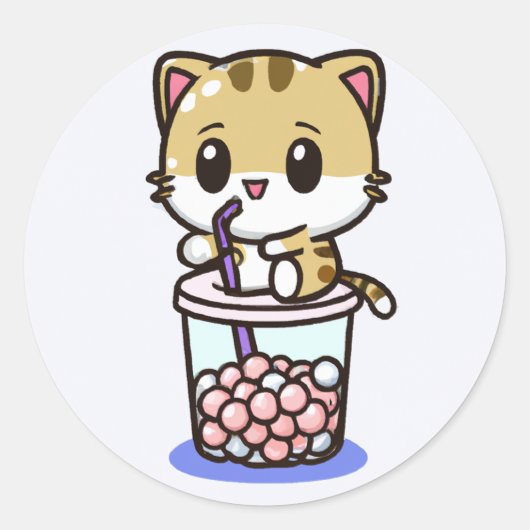 Chibi Kawaii Cat Drink bellenthee Ronde Sticker (Voorkant)