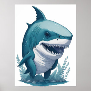 Chibi Kawaii Shark in Waterverf Style Poster