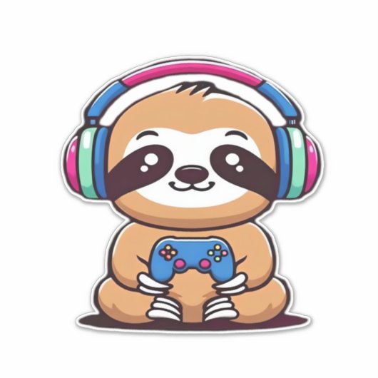 Chibi Kawaii Sloth Gamer � Cute Funny Animal with Sticker (Voorkant)