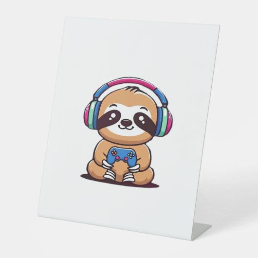 Chibi Kawaii Sloth Gamer - Schattige grappig dier  Reclamebord Met Voetstuk (Voorkant)