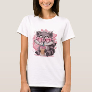 Chibi Kawaii Wasbeer Roze Hart Zonnebril Aesthetis T-shirt
