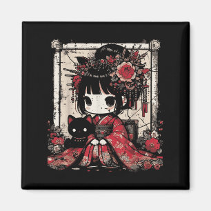 Chibi Kimono Meisje Zwarte Kat Bloemen Japanse Kun Magneet