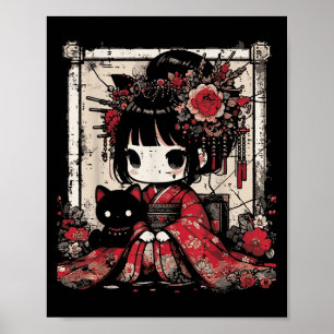 Chibi Kimono Meisje Zwarte Kat Bloemen Japanse Kun Poster