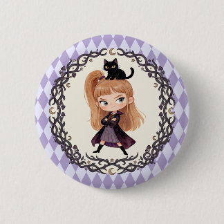 Chibi Lieve Heks Eén en Zwarte Kat Waterverf Ronde Button 5,7 Cm