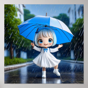 Chibi meisje danst in de regen poster