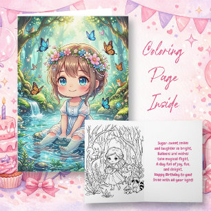 Chibi Meisje in Betoverd Woud Verjaardag Kleur M Kaart