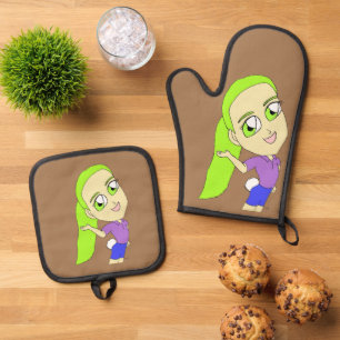 chibi meisje met bunny tail ovenwant & pannenlap set