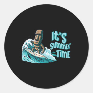 Chibi Moai Stemming Surfen Zomer Tijd Strand Oceaa Ronde Sticker