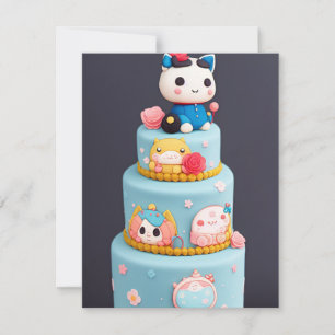 Chibi schattig katje blauwe gele verjaardagstaart feestdagenkaart