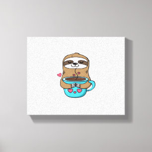 Chibi Sloth Coffee Lover – Schattigee Kawaii Sloth Canvas Afdruk