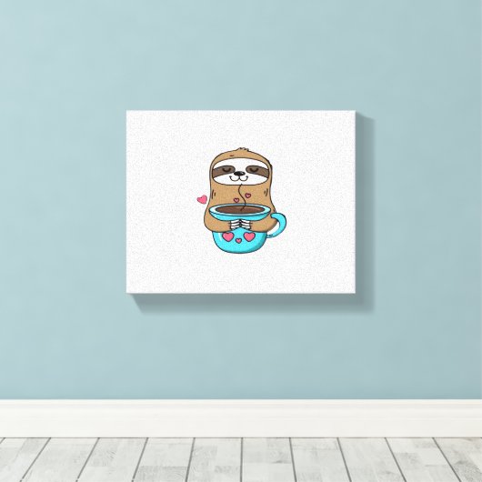Chibi Sloth Coffee Lover – Schattigee Kawaii Sloth Canvas Afdruk (Insitu (Houten vloer))