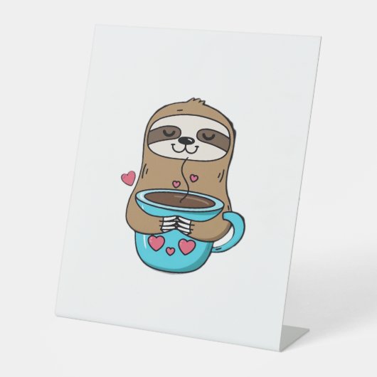 Chibi Sloth Coffee Lover – Schattigee Kawaii Sloth Reclamebord Met Voetstuk (Voorkant)