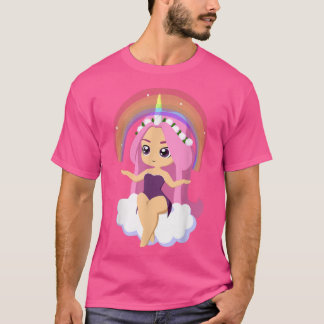 Chibi style Kawaii Anime Girl Rainbow Unicorn T-shirt