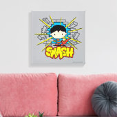 Chibi Superman die door de Brick-muur smashing Canvas Afdruk (Insitu (Woonkamer))