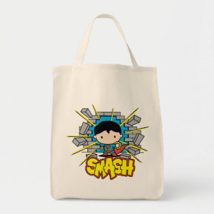 Chibi Superman die door de Brick-muur smashing Tote Bag