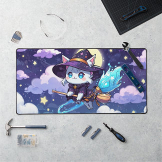 Chibi Witch Cat Flying in Starry Sky – Kawaii Magi Bureaumat